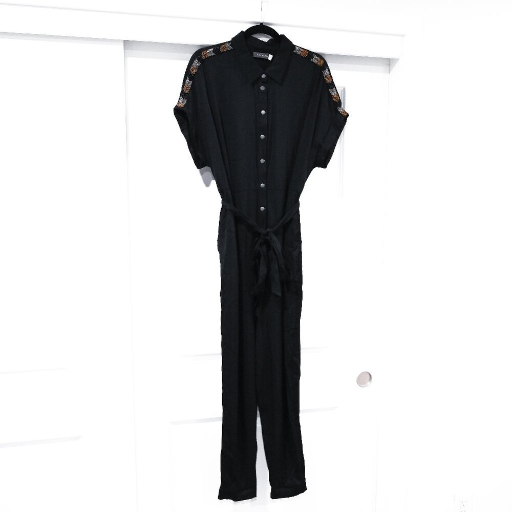 Mint Velvet Size 16 Black Belted Beaded Shoulder Jumpsuit